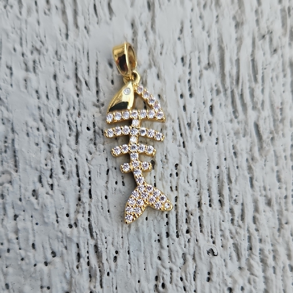 Gold Fishbone Pendant with Rhinestones